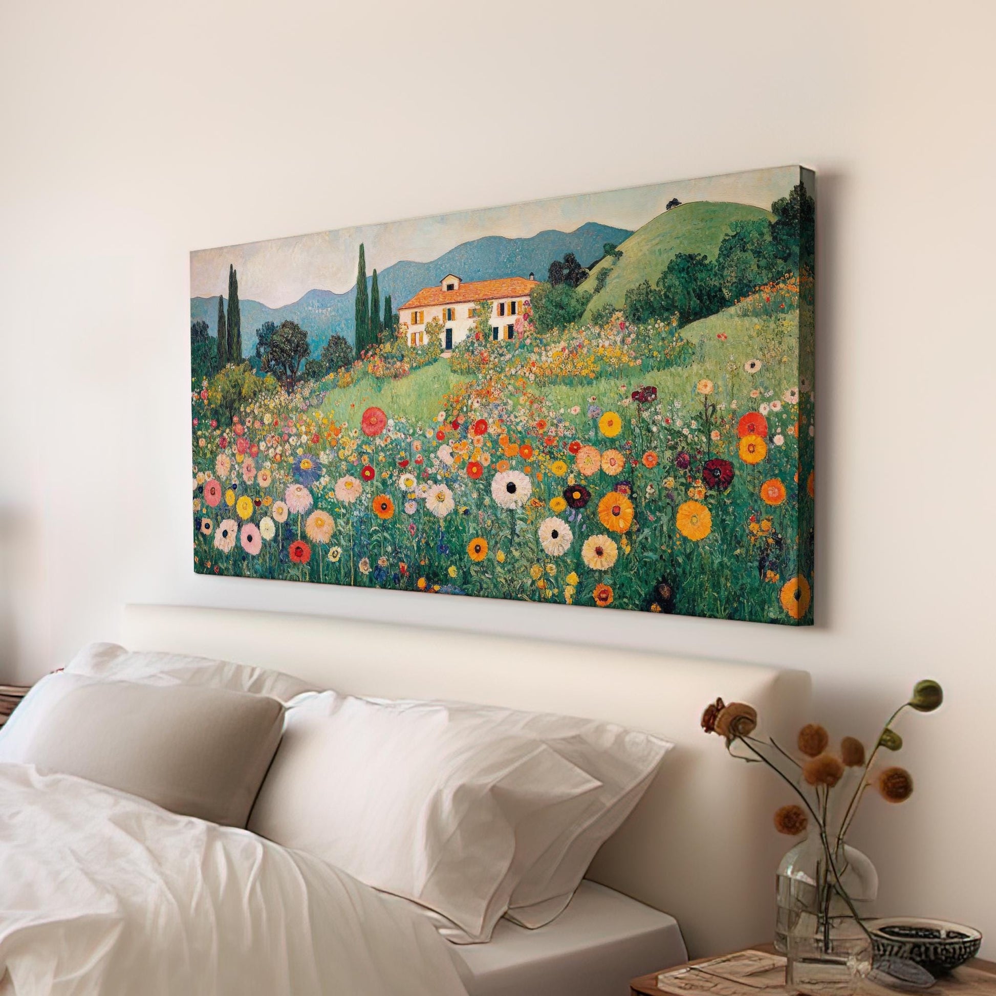 Tuscan Villa Bloom Canvas Art | Impressionist Pointillist Print | Biophilic Wall Art For Living Room | Apricot Sunset Art Horizontal Art