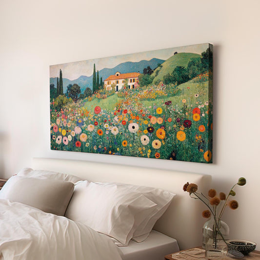 Tuscan Villa Bloom Canvas Art | Impressionist Pointillist Print | Biophilic Wall Art For Living Room | Apricot Sunset Art Horizontal Art