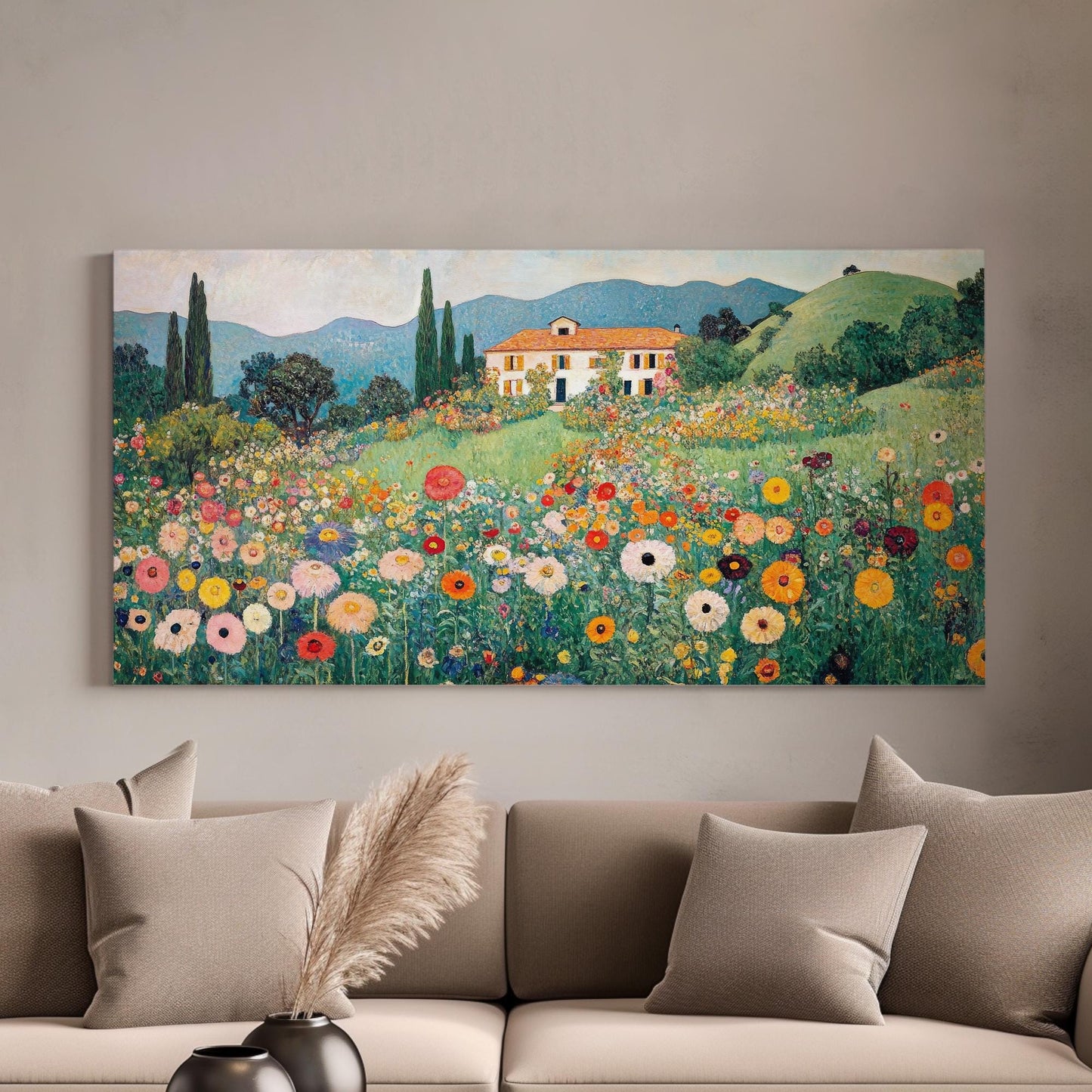 Tuscan Villa Bloom Canvas Art | Impressionist Pointillist Print | Biophilic Wall Art For Living Room | Apricot Sunset Art Horizontal Art