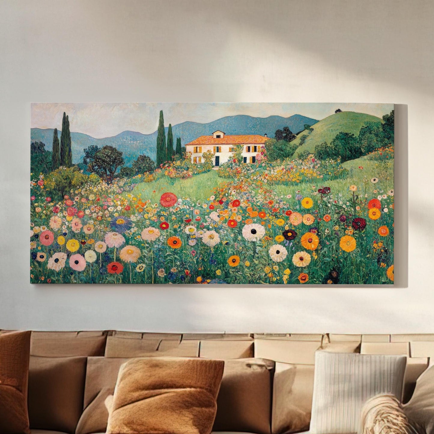 Tuscan Villa Bloom Canvas Art | Impressionist Pointillist Print | Biophilic Wall Art For Living Room | Apricot Sunset Art Horizontal Art