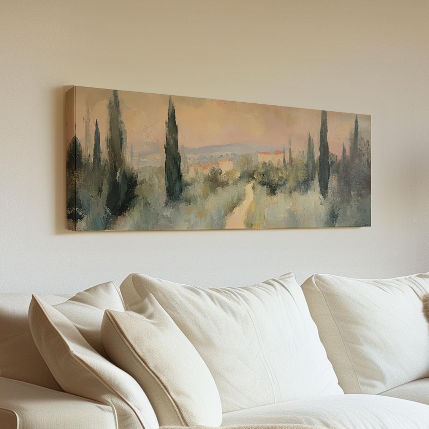 Tuscan Sunset Path Canvas Art | Impasto Impressionism Print | Tranquil Minimalist Wall Art For Living Room Panoramic Wall Art