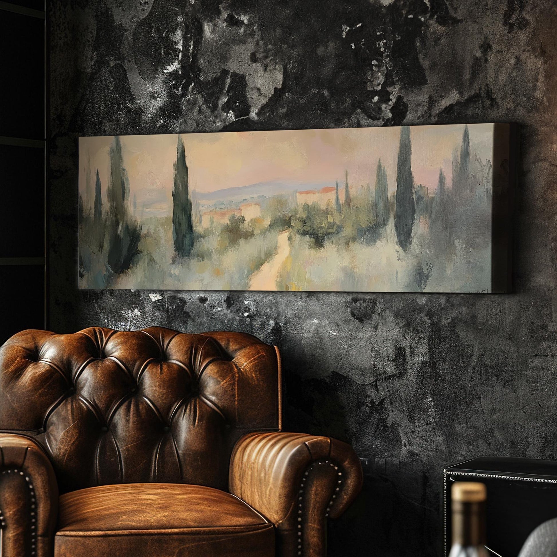 Tuscan Sunset Path Canvas Art | Impasto Impressionism Print | Tranquil Minimalist Wall Art For Living Room Panoramic Wall Art