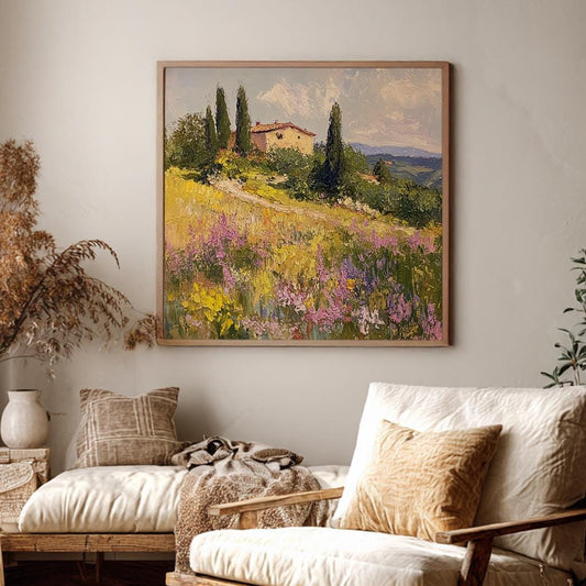 Tuscan Hills Landscape Canvas Art | Impasto Impressionism Print | Bohemian Farmhouse Wall Art For Living Room Square Canvas Art