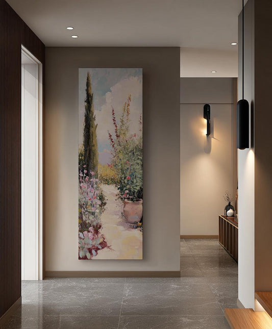 Tuscan Garden Path Canvas Art | Impasto Floral Print | Mediterranean Wall Art For Living Room | Blush Pink Terracotta Art Long Vertical Art