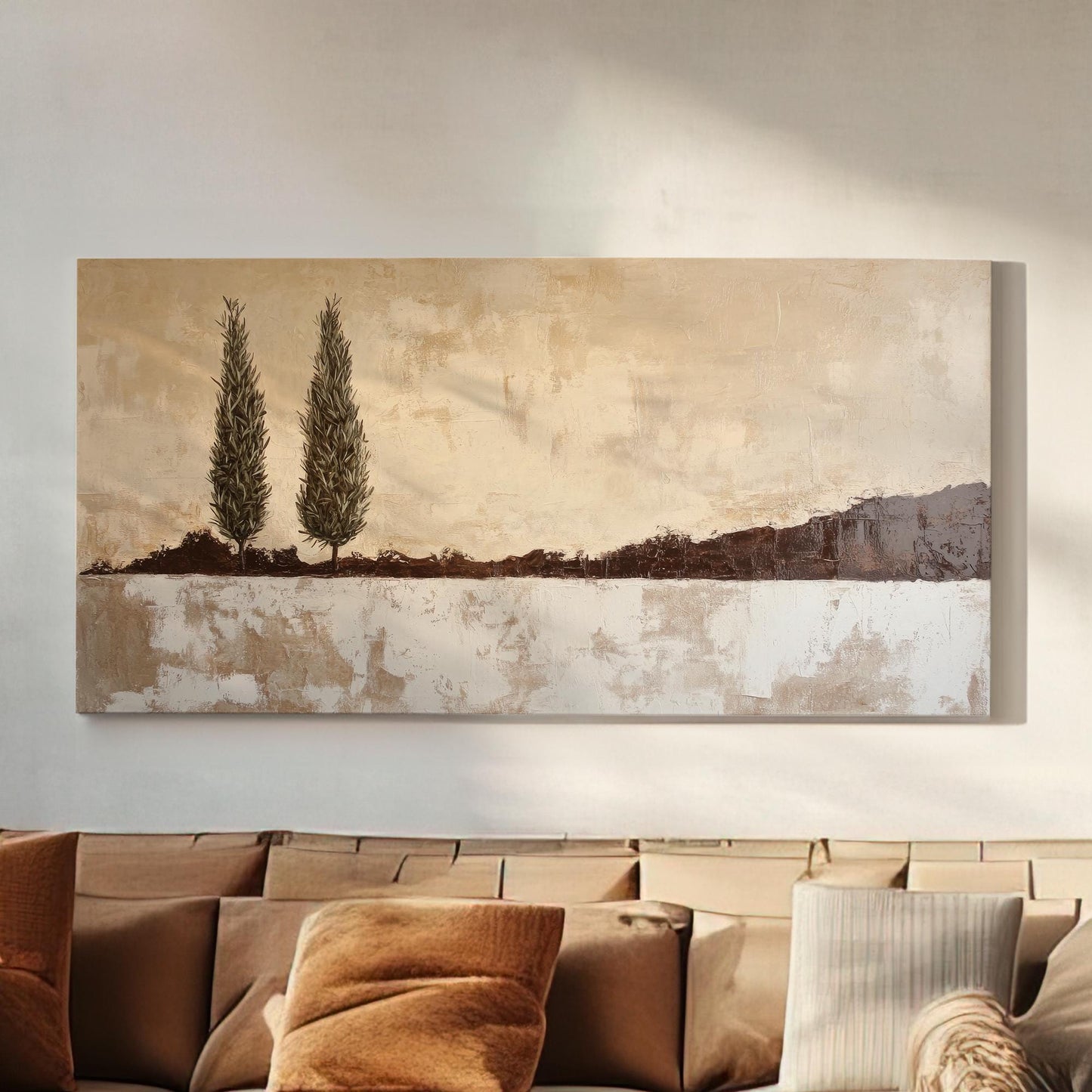 Tuscan Cypress Trees Canvas Art | Impasto Print | Minimalist Wall Art For Living Room | Greige Espresso Art Horizontal Art