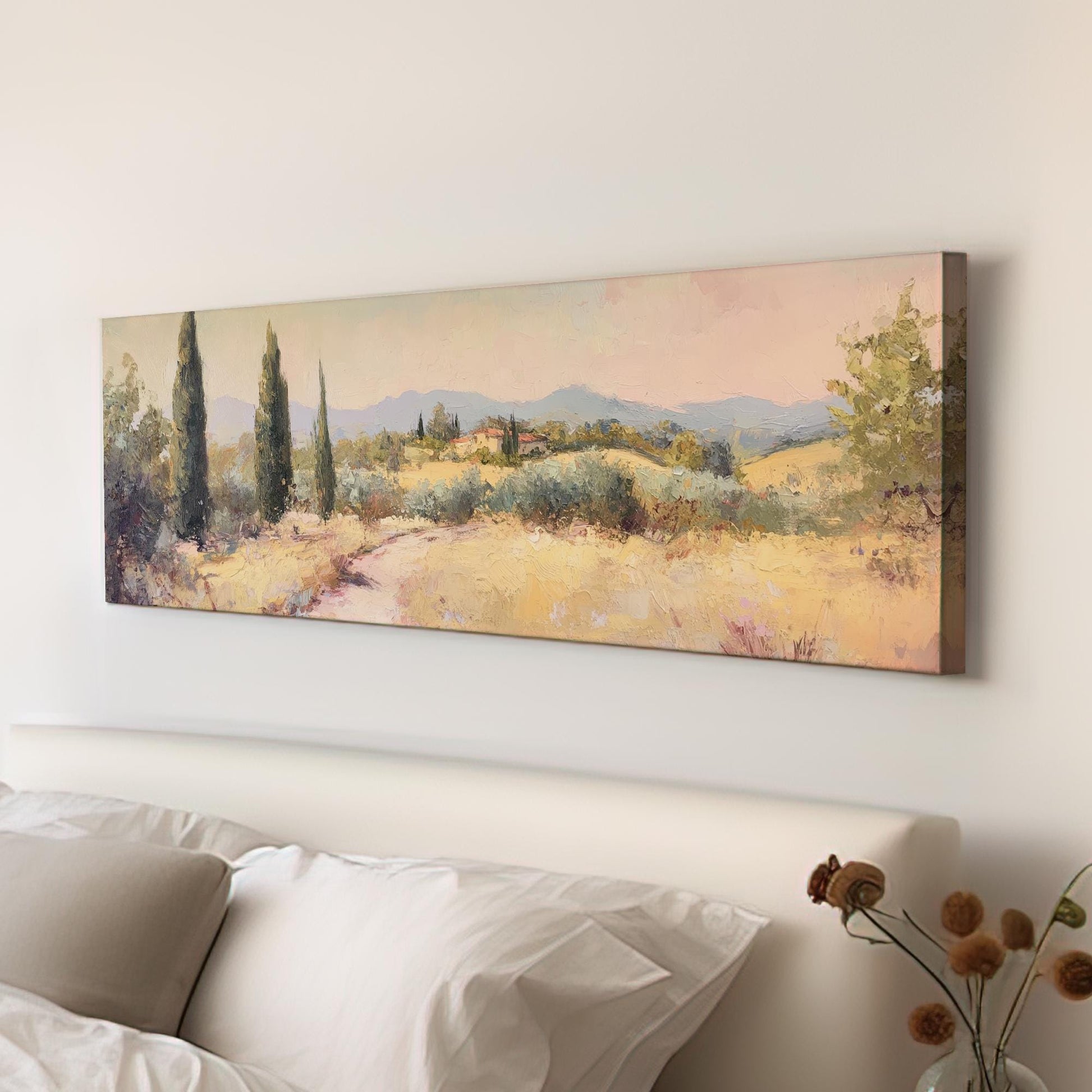 Tuscan Cypress Tree Canvas Art | Impasto Painting Print | Mediterranean Living Room Wall Art For Living Room Panoramic Wall Art