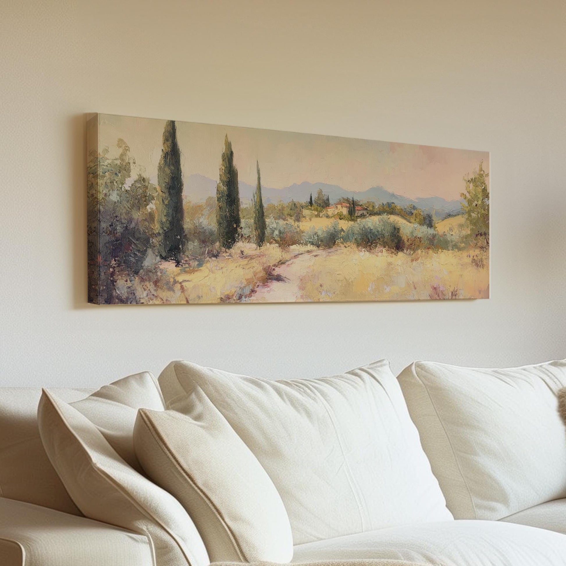 Tuscan Cypress Tree Canvas Art | Impasto Painting Print | Mediterranean Living Room Wall Art For Living Room Panoramic Wall Art