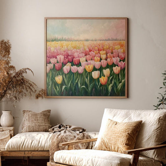 Tulip Field Impressionism Canvas Art | Impasto Print | Bohemian Wall Art For Living Room | Blush Pink Apricot Art Square Canvas Art