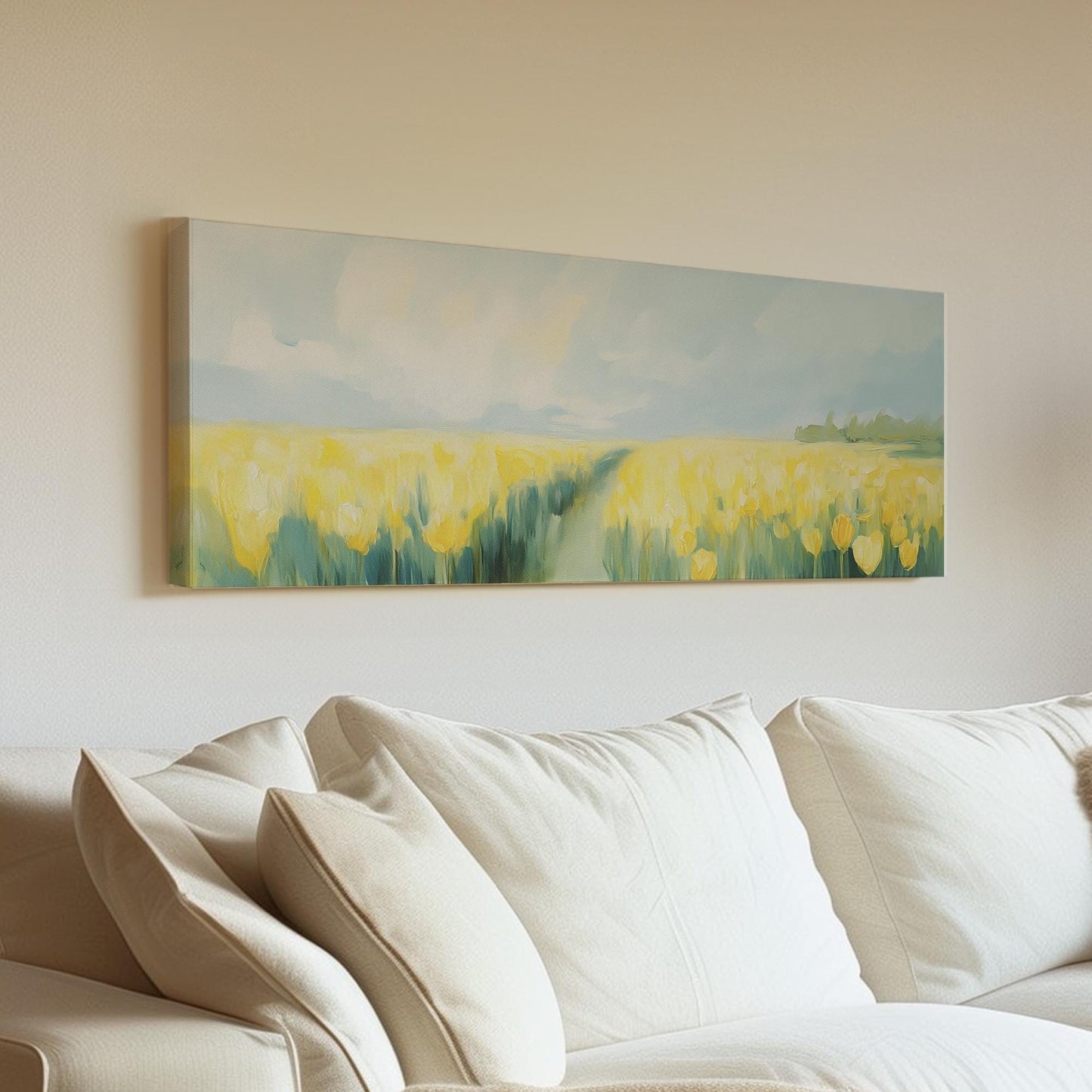 Tulip Field Canvas Art | Impressionistic Impasto Print | Coastal Farmhouse Wall Art For Living Room | Spring Meadow Art Panoramic Wall Art