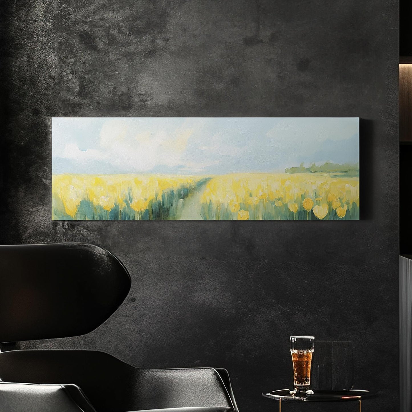 Tulip Field Canvas Art | Impressionistic Impasto Print | Coastal Farmhouse Wall Art For Living Room | Spring Meadow Art Panoramic Wall Art