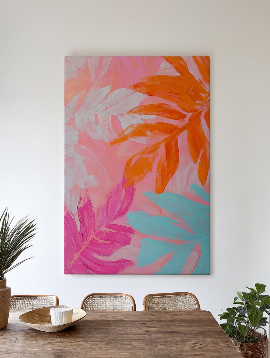 Tropical Palm Leaves Canvas Art | Impasto Painting Print | Bohemian Wall Art For Living Room | Coral Peach Art Vertical Canvas