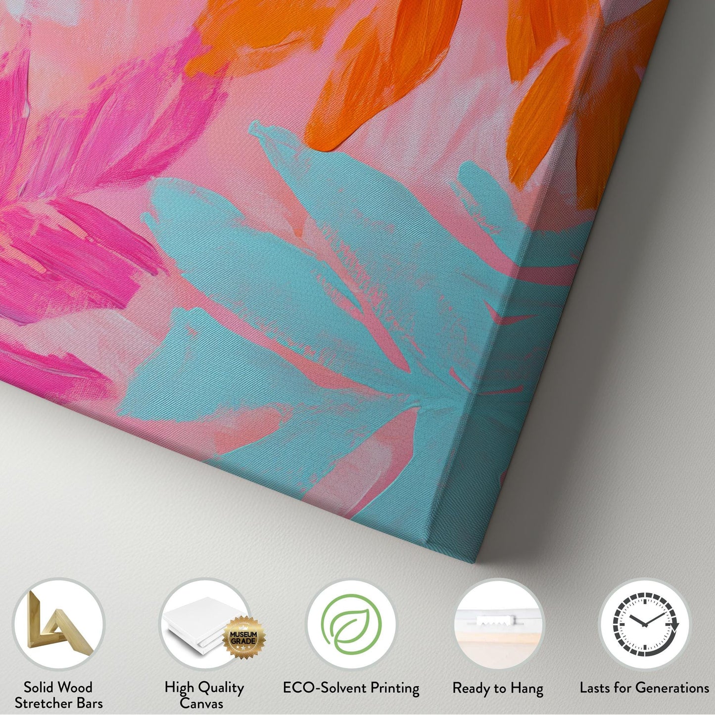 Tropical Palm Leaves Canvas Art | Impasto Painting Print | Bohemian Wall Art For Living Room | Coral Peach Art Vertical Canvas