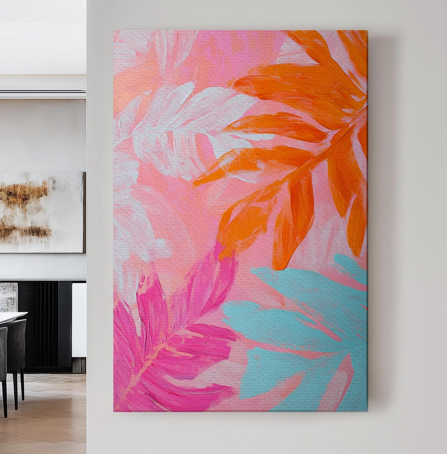 Tropical Palm Leaves Canvas Art | Impasto Painting Print | Bohemian Wall Art For Living Room | Coral Peach Art Vertical Canvas