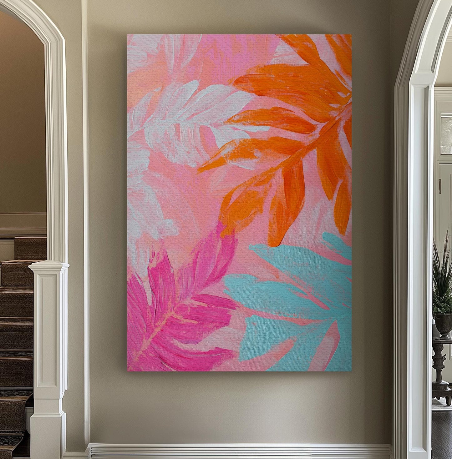 Tropical Palm Leaves Canvas Art | Impasto Painting Print | Bohemian Wall Art For Living Room | Coral Peach Art Vertical Canvas