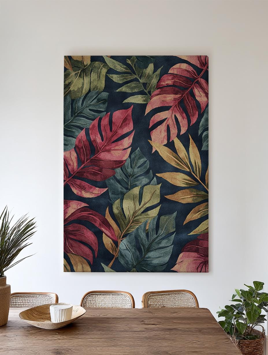 Tropical Monstera Leaf Canvas Art | Textured Botanical Print | Bohemian Wall Art For Living Room | Burgundy Merlot Art Vertical Canvas