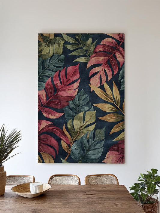 Tropical Monstera Leaf Canvas Art | Textured Botanical Print | Bohemian Wall Art For Living Room | Burgundy Merlot Art Vertical Canvas