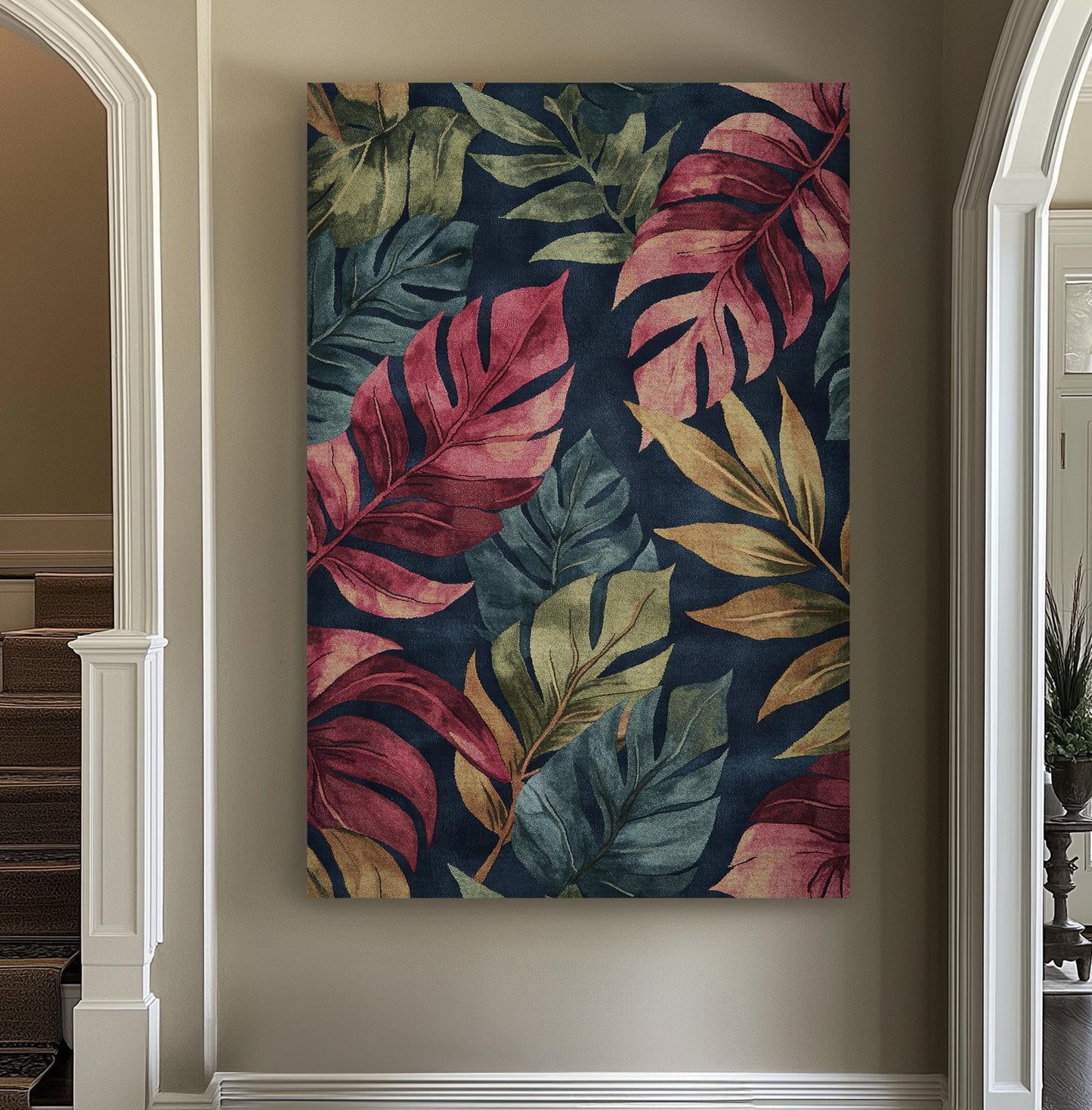 Tropical Monstera Leaf Canvas Art | Textured Botanical Print | Bohemian Wall Art For Living Room | Burgundy Merlot Art Vertical Canvas