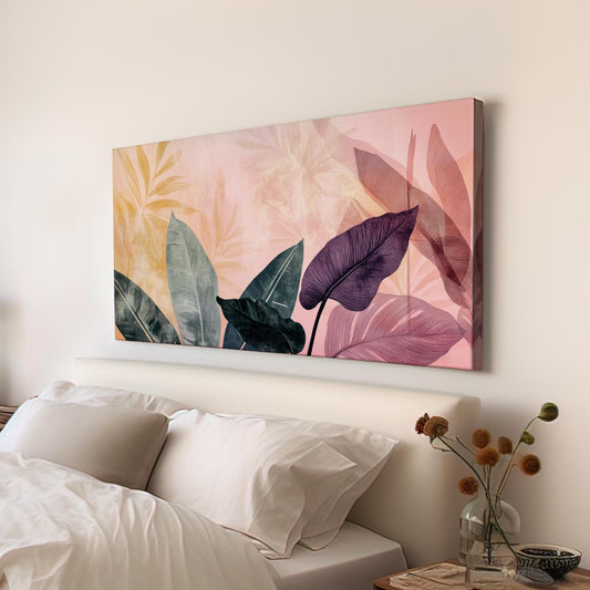 Tropical Leaf Watercolor Canvas Art | Layered Botanical Print | Bohemian Modern Wall Art For Living Room Horizontal Art