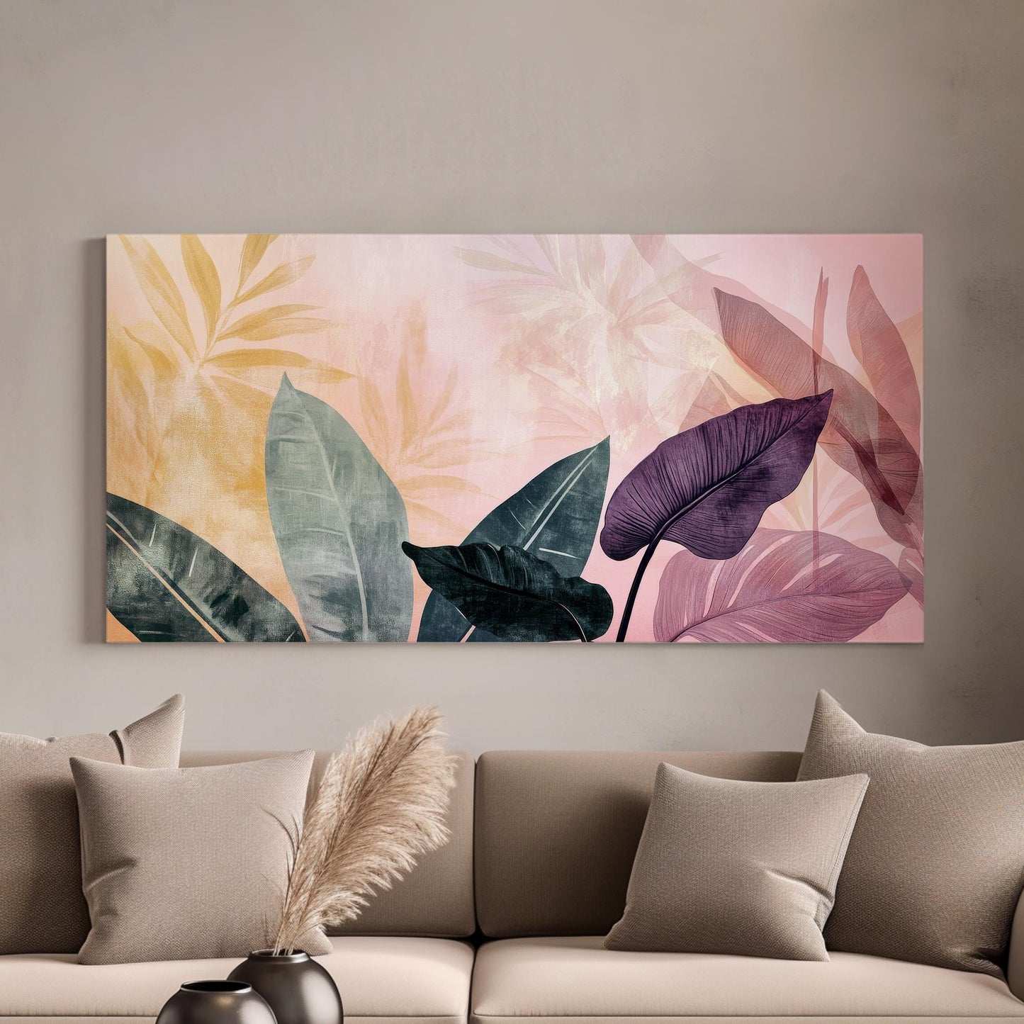 Tropical Leaf Watercolor Canvas Art | Layered Botanical Print | Bohemian Modern Wall Art For Living Room Horizontal Art