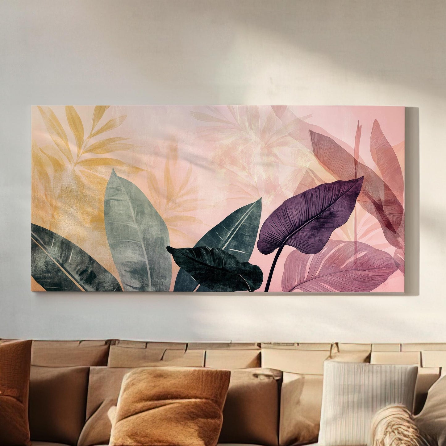 Tropical Leaf Watercolor Canvas Art | Layered Botanical Print | Bohemian Modern Wall Art For Living Room Horizontal Art