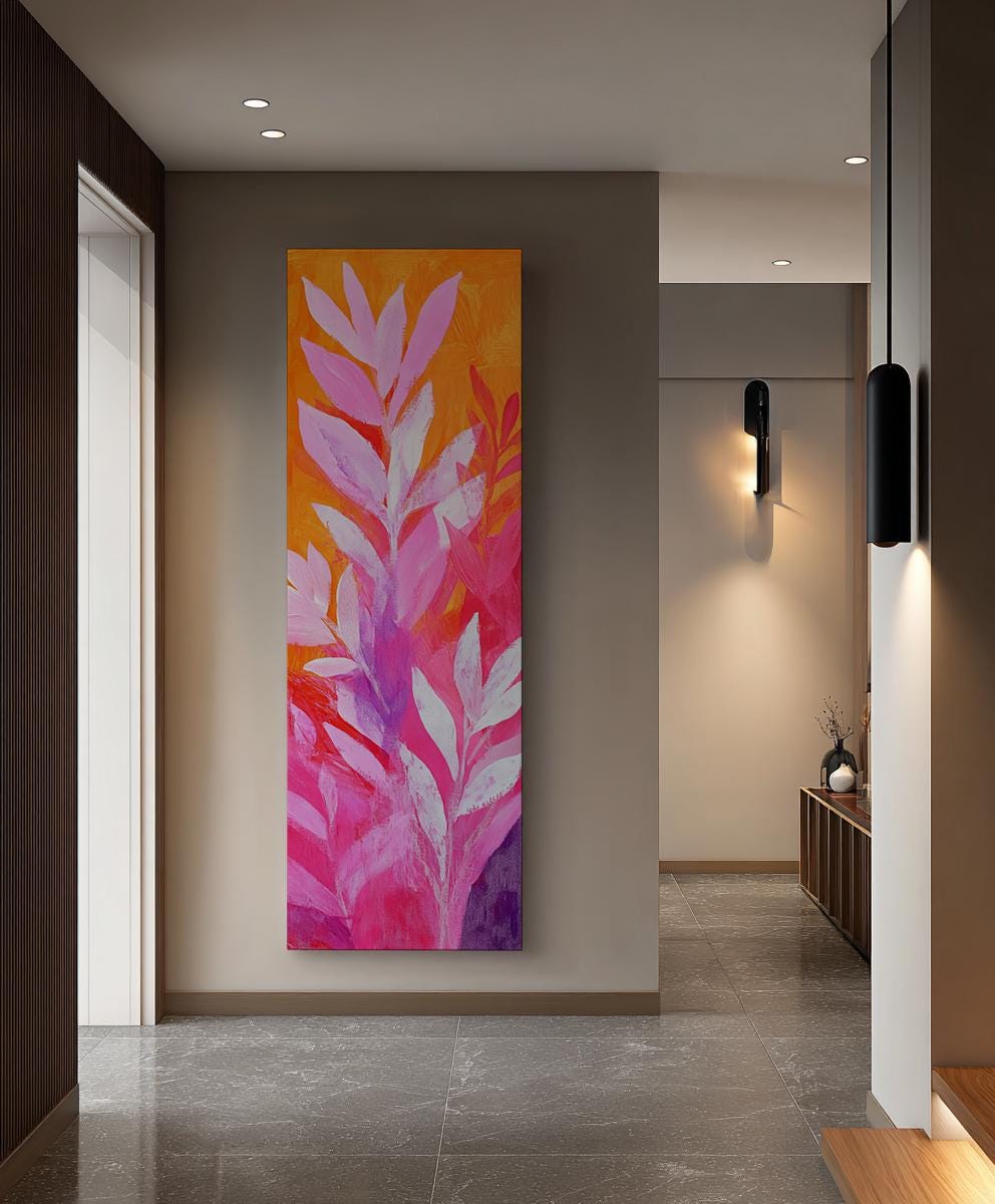 Tropical Foliage Canvas Art | Impasto Print | Bohemian Wall Art For Living Room | Tangerine Rose Art Long Vertical Art