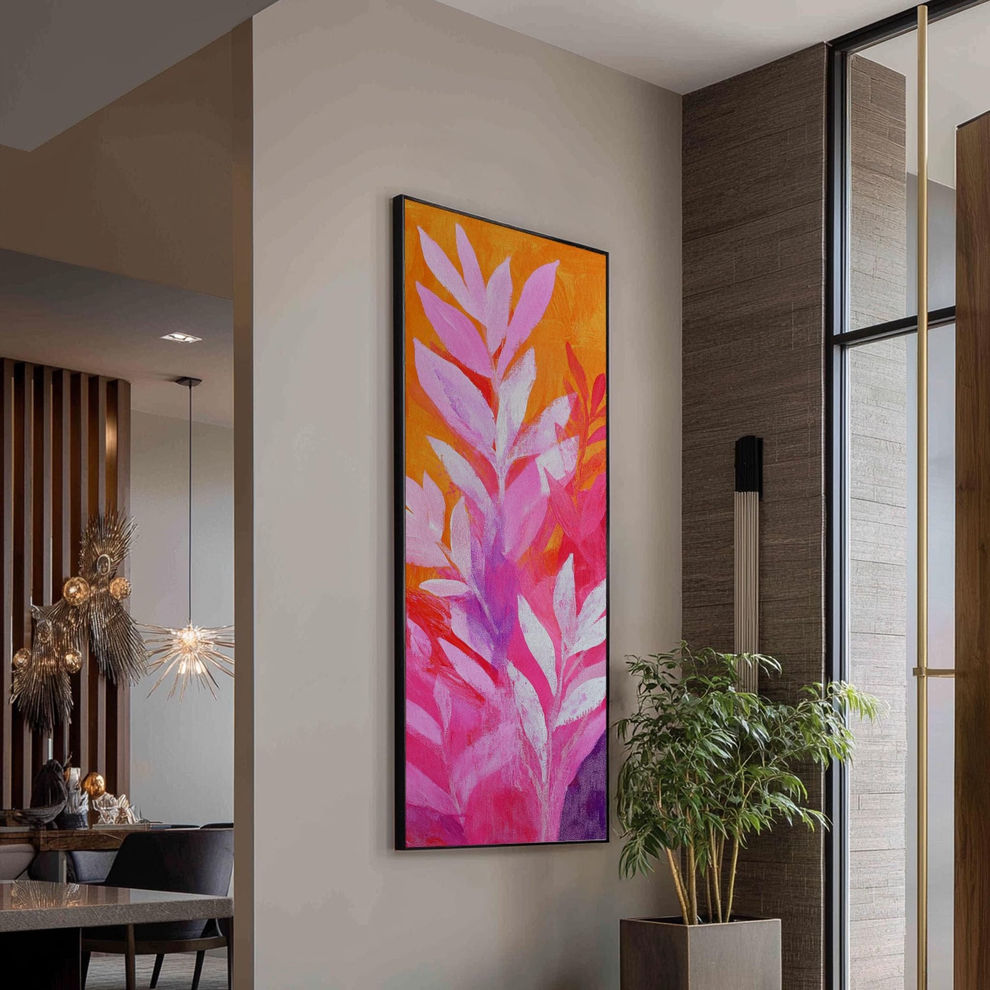 Tropical Foliage Canvas Art | Impasto Print | Bohemian Wall Art For Living Room | Tangerine Rose Art Long Vertical Art