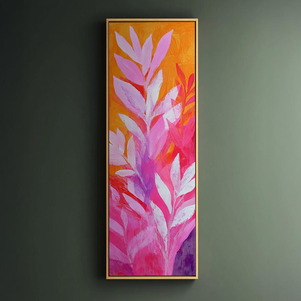 Tropical Foliage Canvas Art | Impasto Print | Bohemian Wall Art For Living Room | Tangerine Rose Art Long Vertical Art
