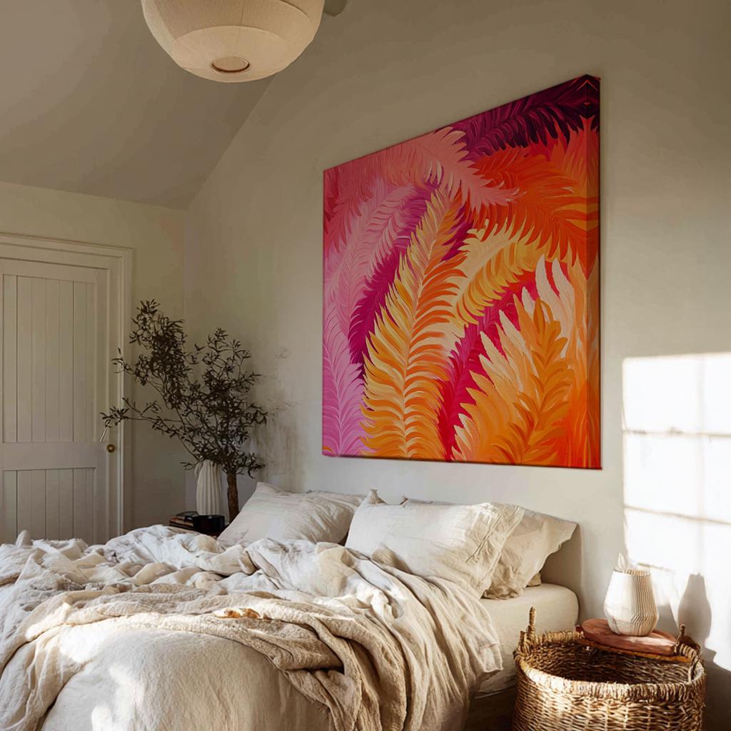 Tropical Fern Canvas Art | Impasto Print | Bohemian Wall Art For Living Room | Sunset Coral Art | Modern Maximalist Decor Square Canvas Art