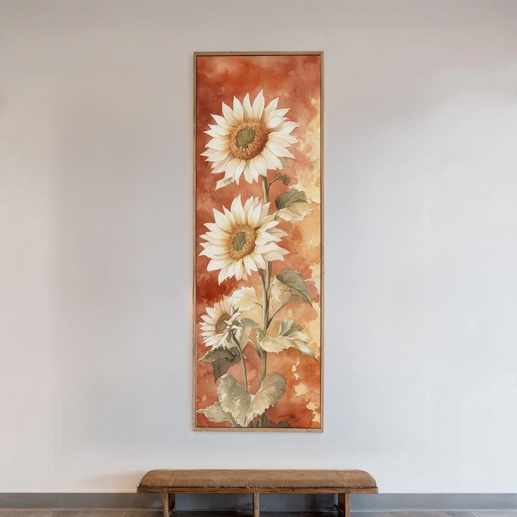 Triple Sunflower Watercolor Canvas Art | Botanical Illustration Print | Modern Farmhouse Wall Art For Living Room Long Vertical Art