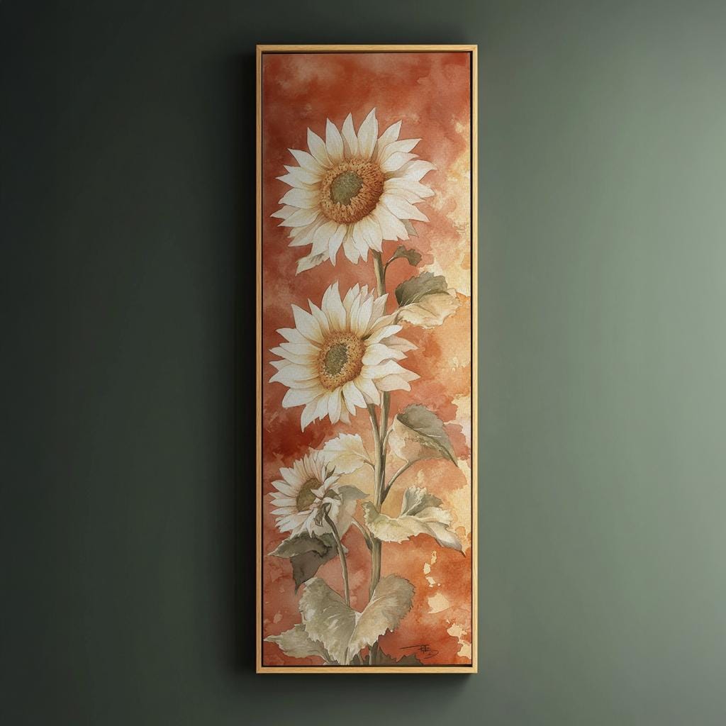 Triple Sunflower Watercolor Canvas Art | Botanical Illustration Print | Modern Farmhouse Wall Art For Living Room Long Vertical Art