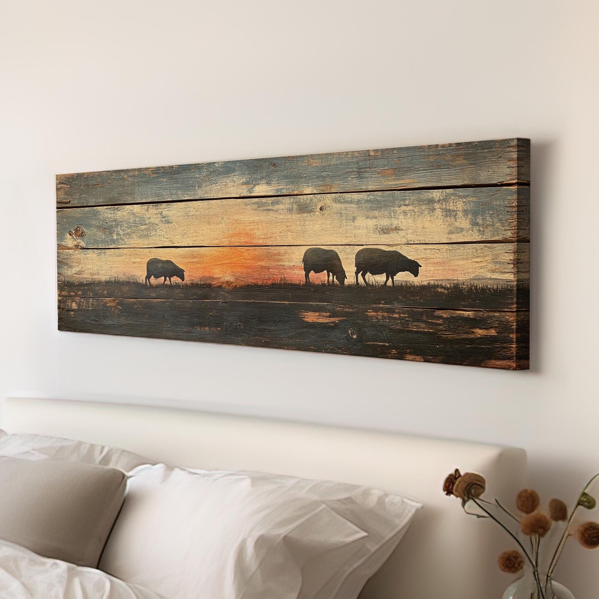 Tranquil Sunset Sheep Canvas Art | Silhouette Print | Bohemian Wall Art For Living Room | Warm Ember Art Panoramic Wall Art