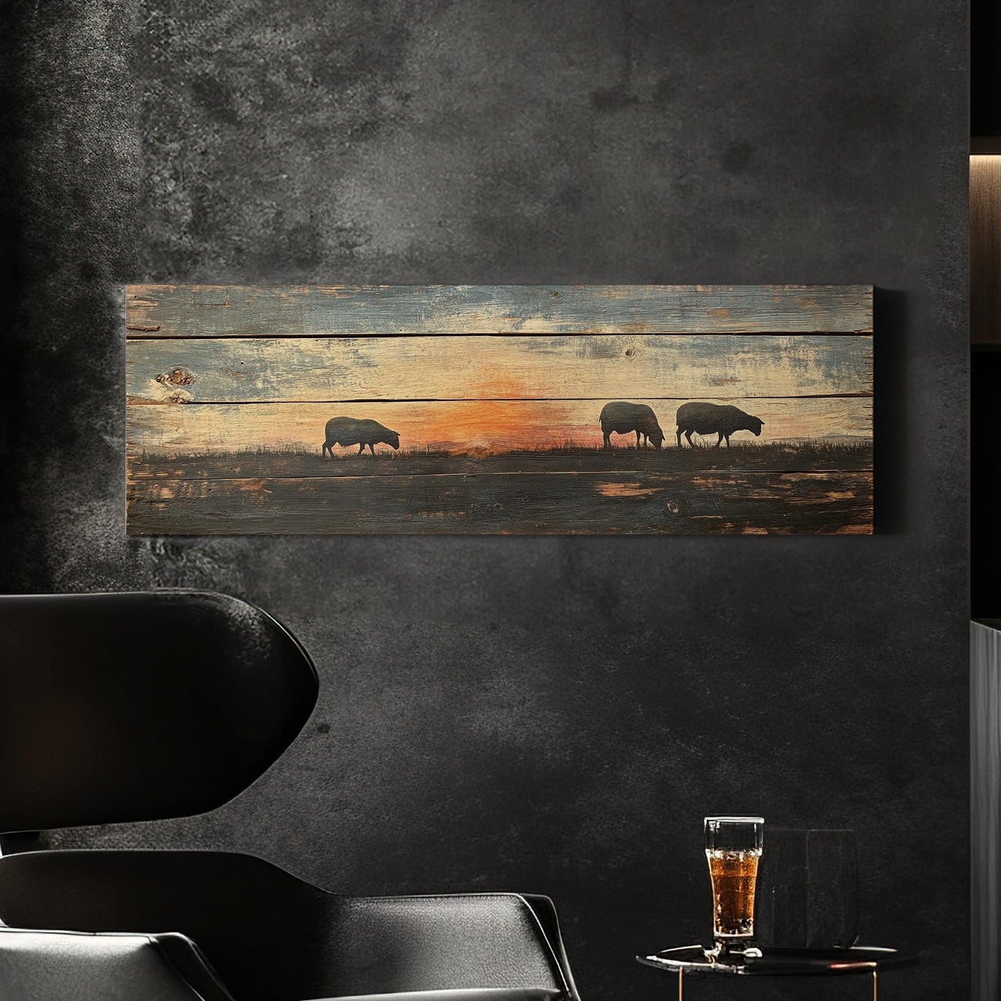 Tranquil Sunset Sheep Canvas Art | Silhouette Print | Bohemian Wall Art For Living Room | Warm Ember Art Panoramic Wall Art