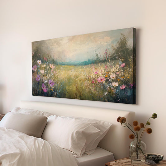 Tranquil Meadow Cosmos Canvas Art | Impasto Floral Print | Bohemian Wall Art For Living Room | Misty Rose Art Horizontal Art