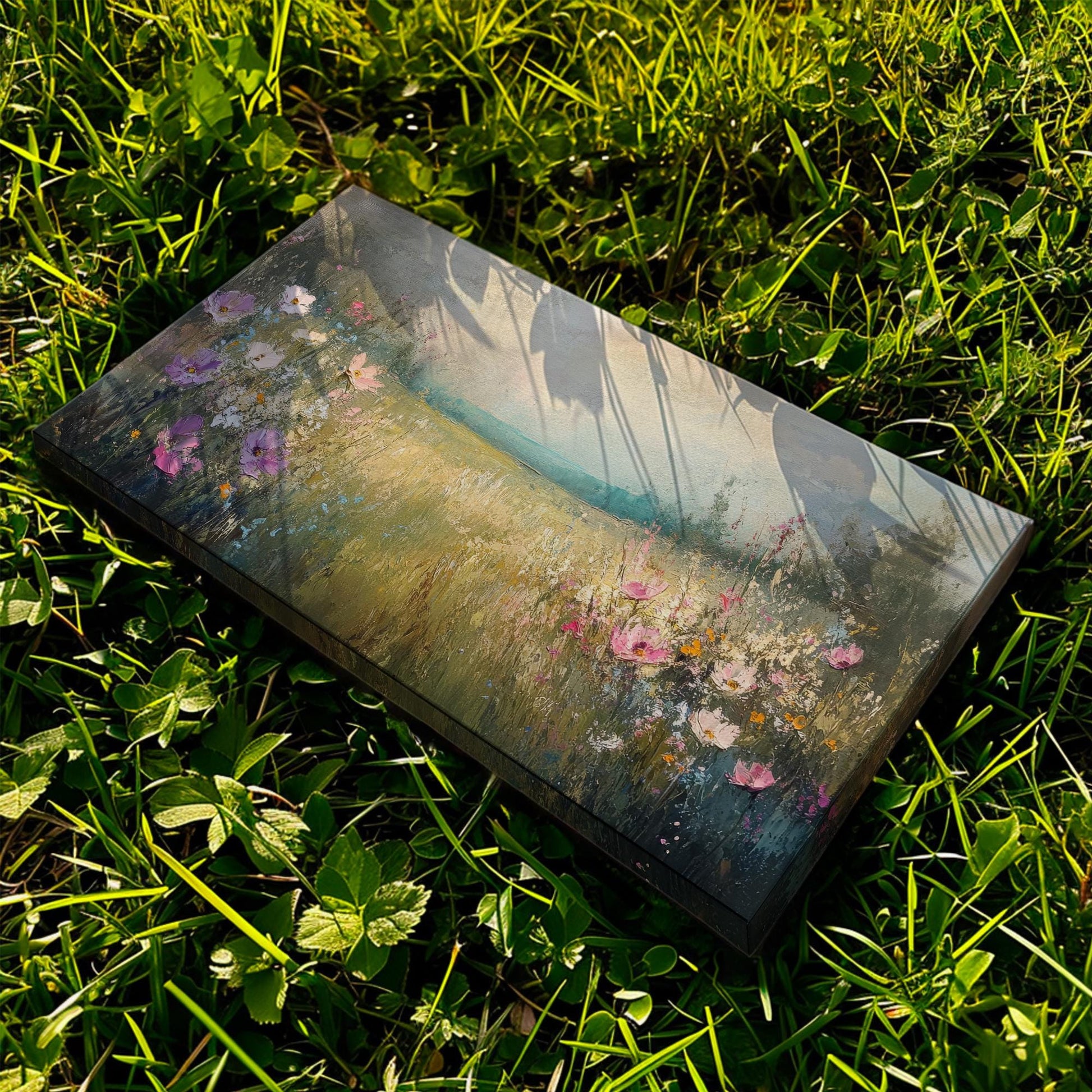 Tranquil Meadow Cosmos Canvas Art | Impasto Floral Print | Bohemian Wall Art For Living Room | Misty Rose Art Horizontal Art