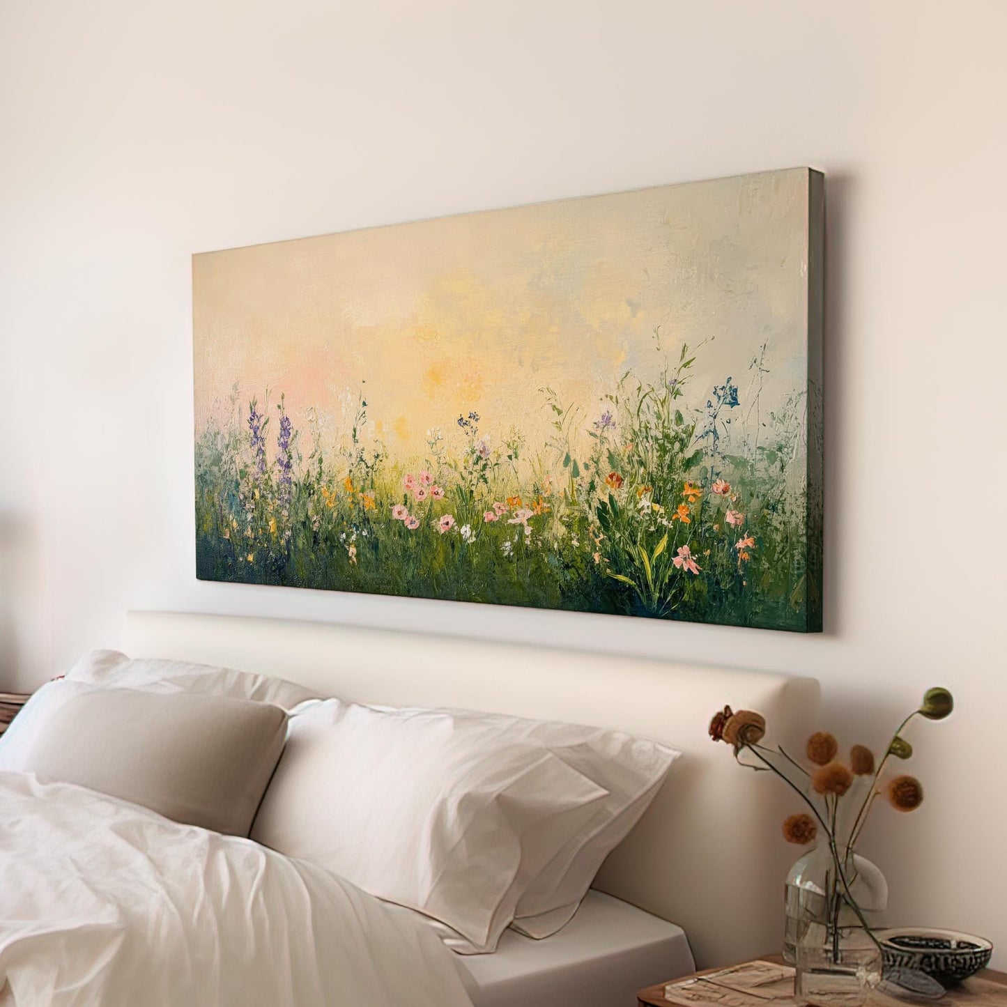 Tranquil Meadow Canvas Art | Impasto Floral Print | Bohemian Wall Art For Living Room | Blush Pink Olive Green Art Horizontal Art