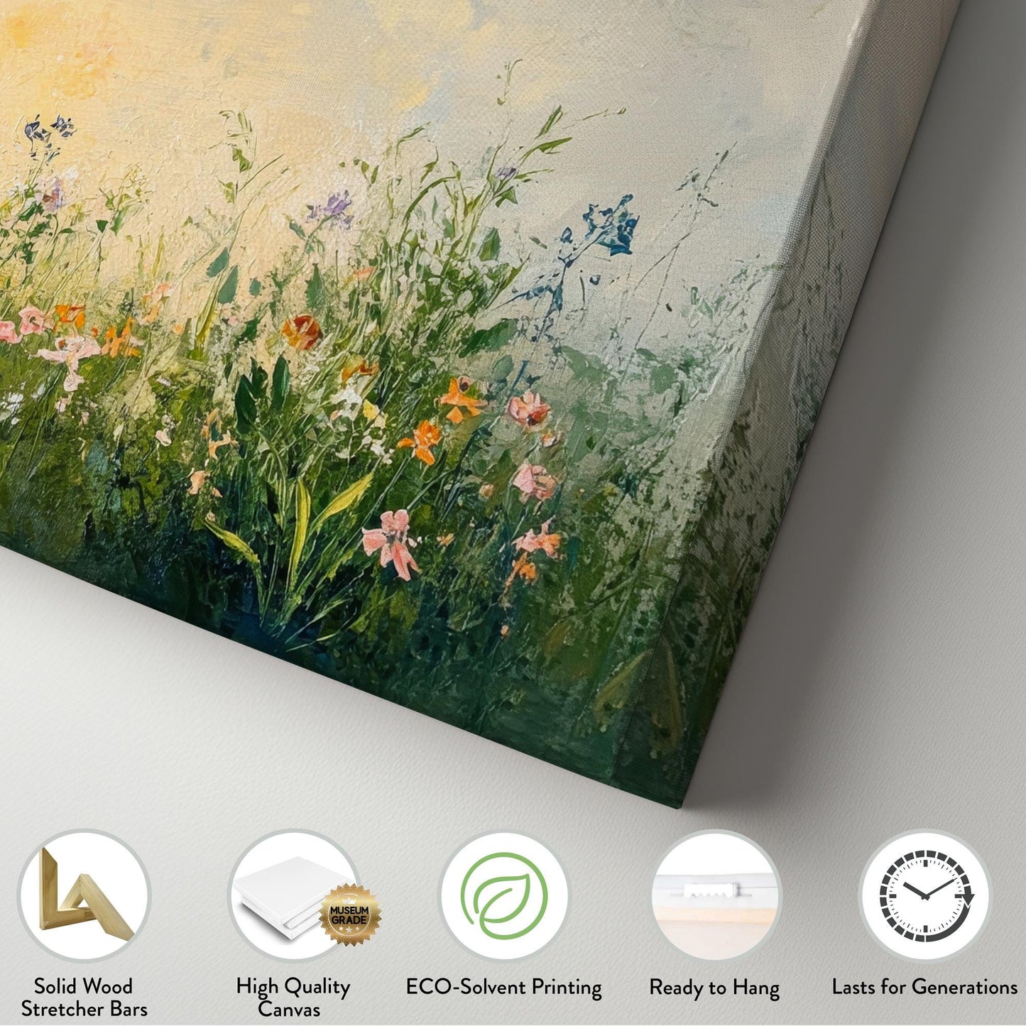 Tranquil Meadow Canvas Art | Impasto Floral Print | Bohemian Wall Art For Living Room | Blush Pink Olive Green Art Horizontal Art