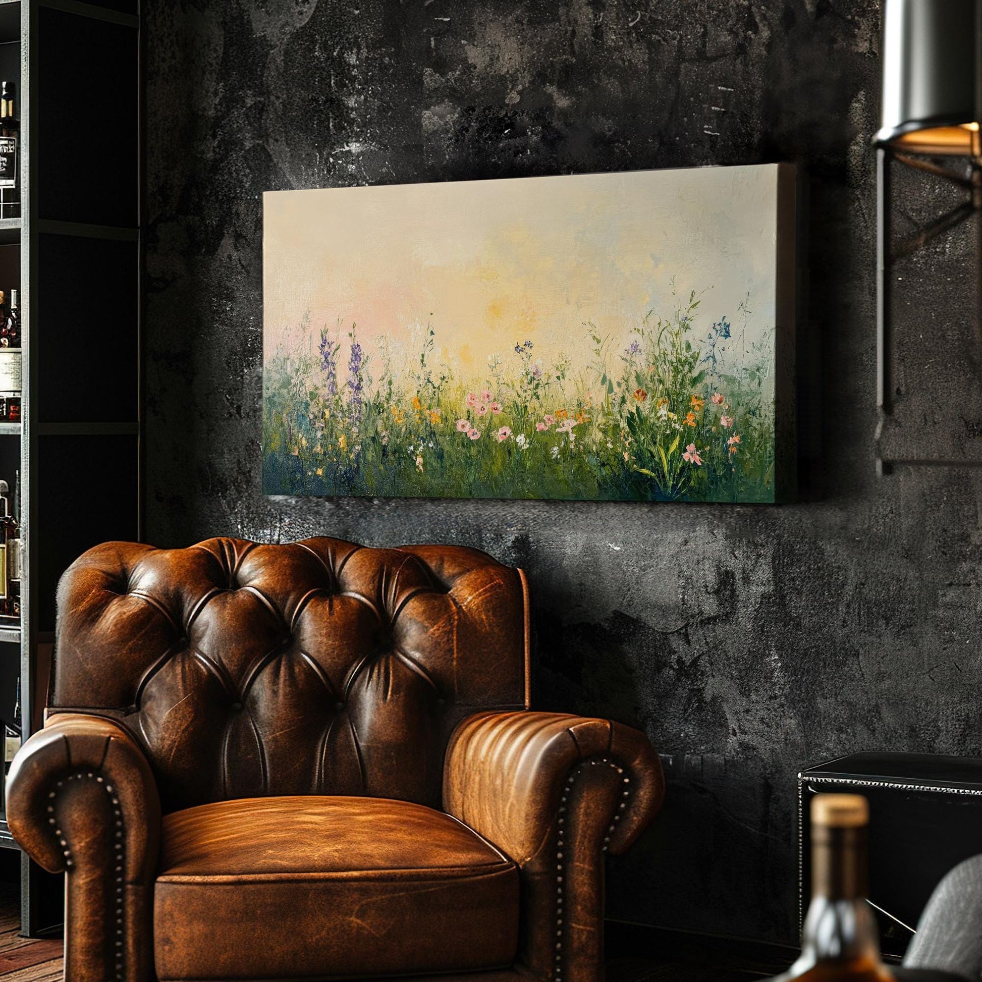 Tranquil Meadow Canvas Art | Impasto Floral Print | Bohemian Wall Art For Living Room | Blush Pink Olive Green Art Horizontal Art