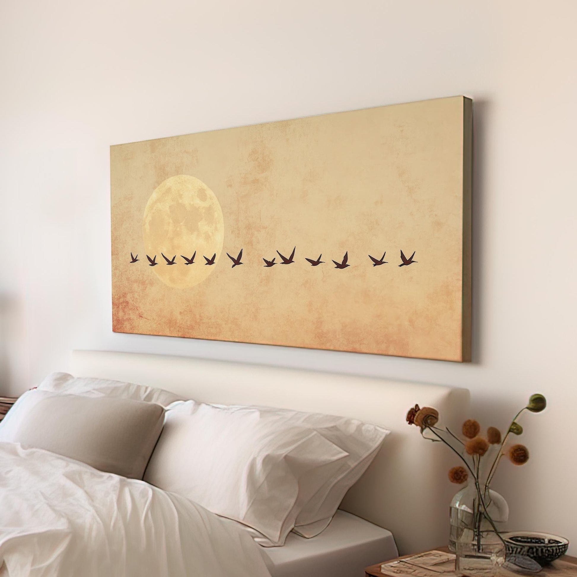 Tranquil Flight Canvas Art | Silhouette Print | Minimalist Wall Art For Living Room | Honeycomb Beige Art | Zen Decor Horizontal Art