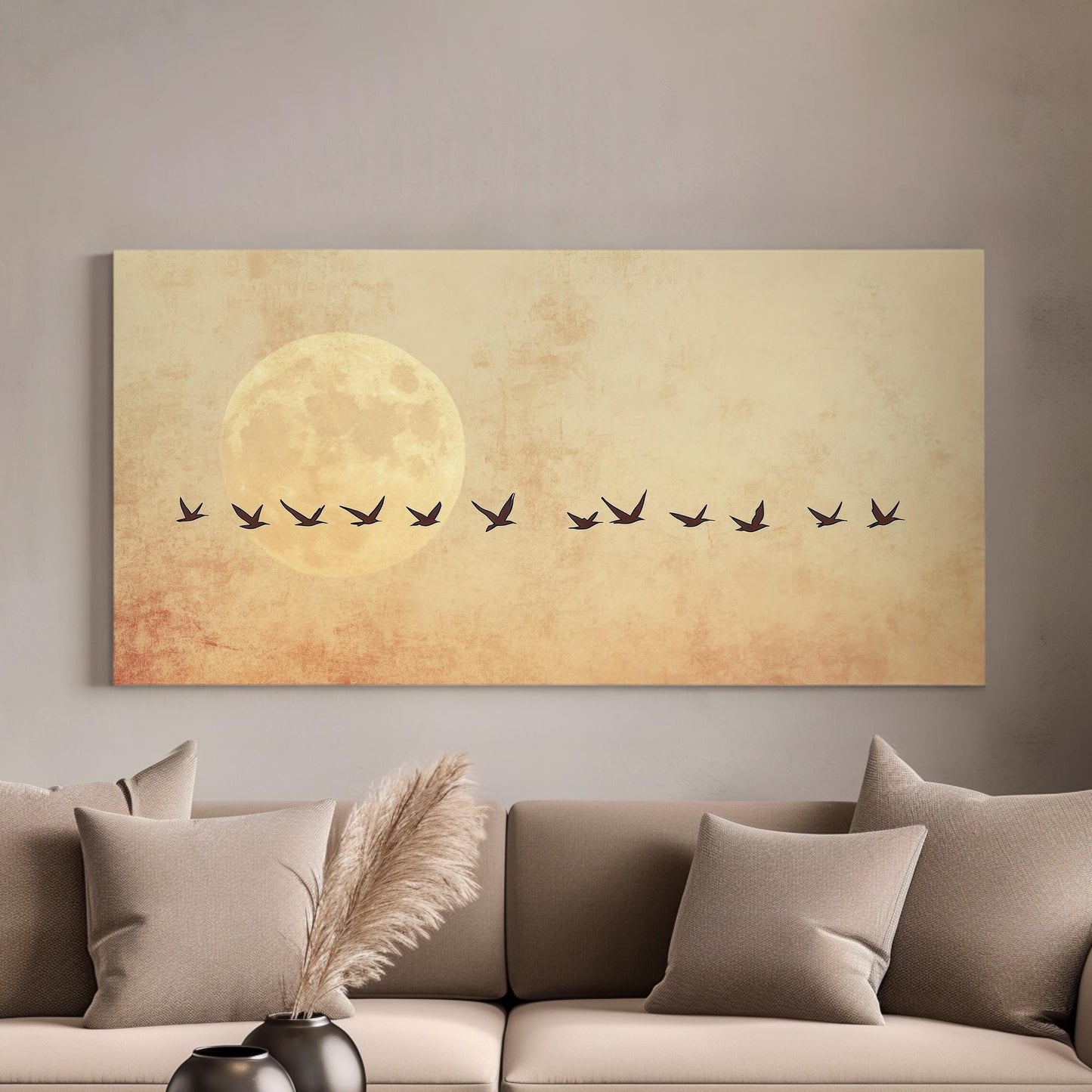 Tranquil Flight Canvas Art | Silhouette Print | Minimalist Wall Art For Living Room | Honeycomb Beige Art | Zen Decor Horizontal Art