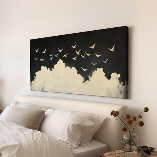 Tranquil Flight Canvas Art | Minimalist Watercolor Print | Biophilic Wall Art For Living Room | Ivory Charcoal Art Horizontal Art