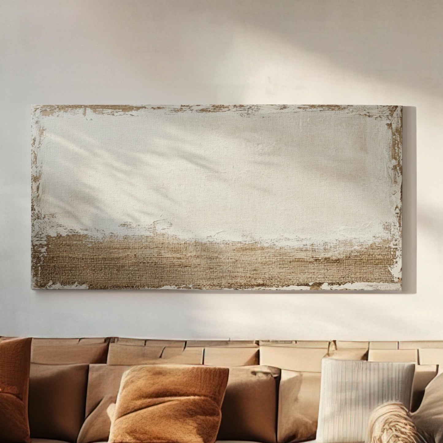 Textured Abstract Canvas Art | Impasto Print | Bohemian Wall Art For Living Room | Oatmeal Linen Art | Tranquil Modern Decor Horizontal Art