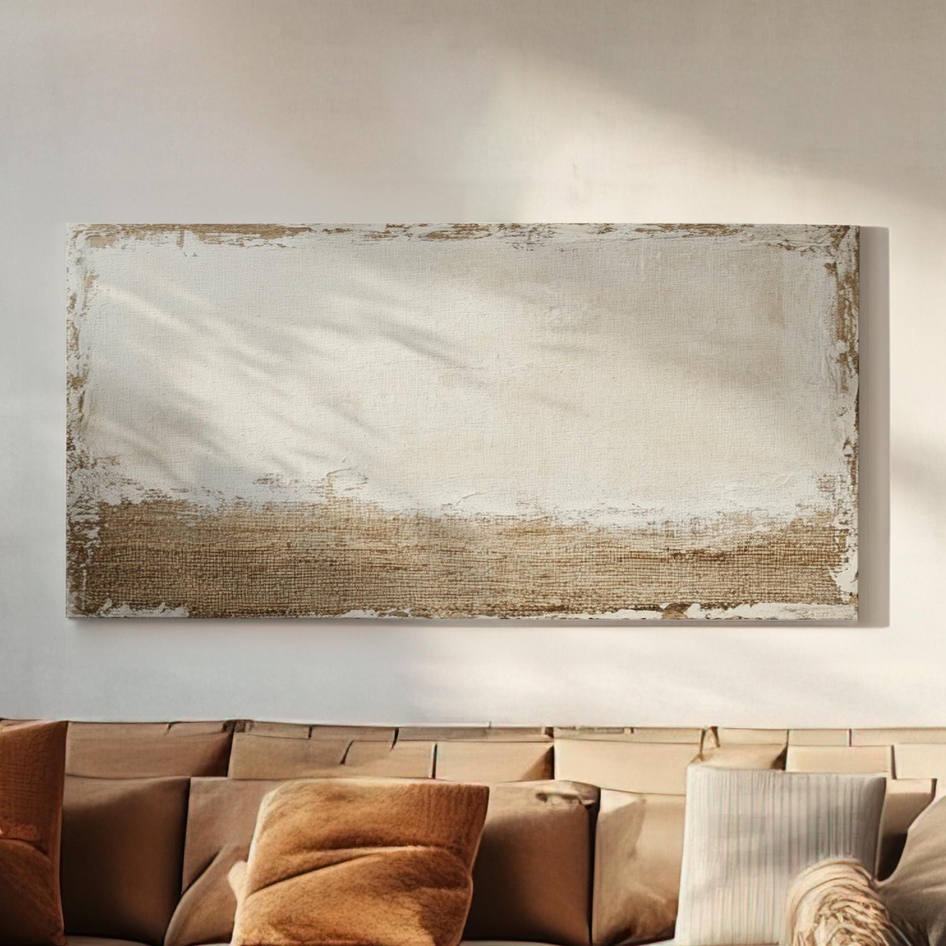 Textured Abstract Canvas Art | Impasto Print | Bohemian Wall Art For Living Room | Oatmeal Linen Art | Tranquil Modern Decor Horizontal Art