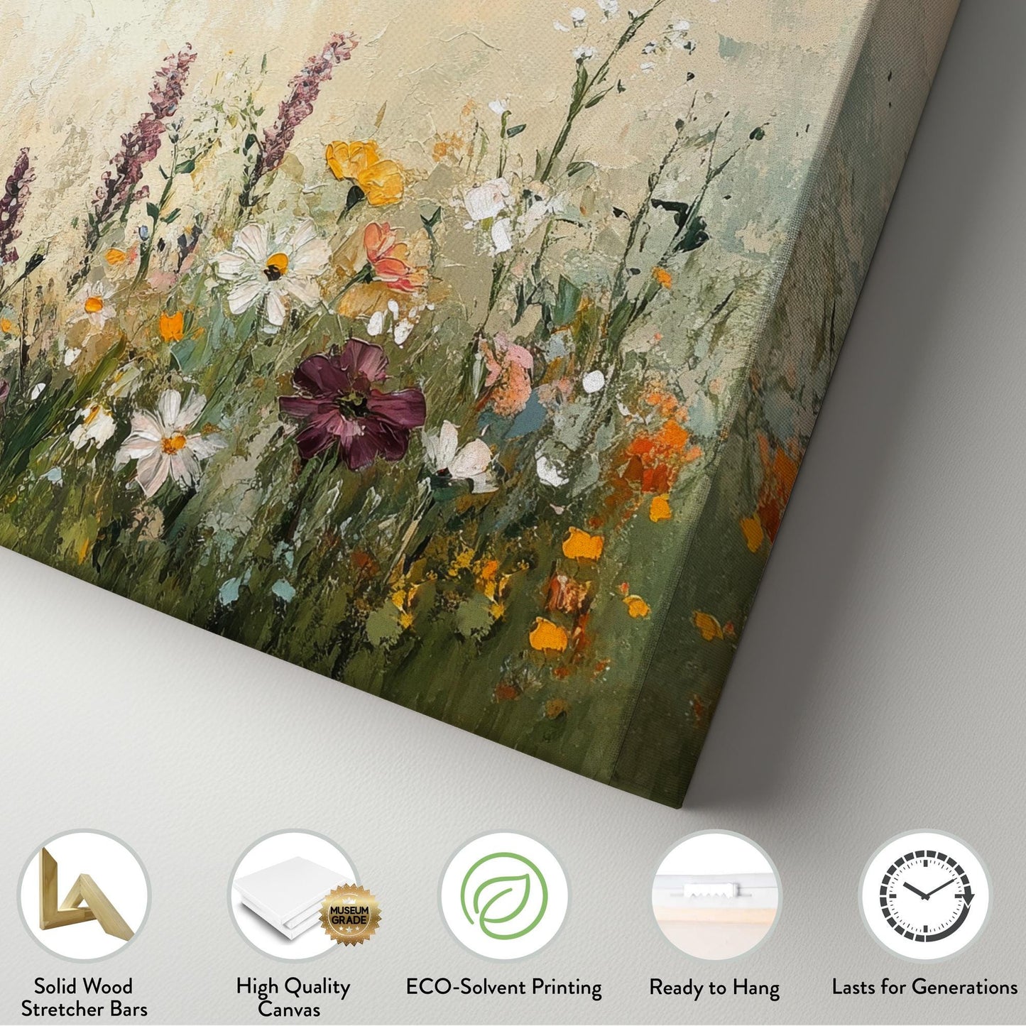 Textural Wildflower Meadow Canvas Art | Impasto Floral Print | Bohemian Wall Art For Living Room | Honeycomb Beige Art Horizontal Art