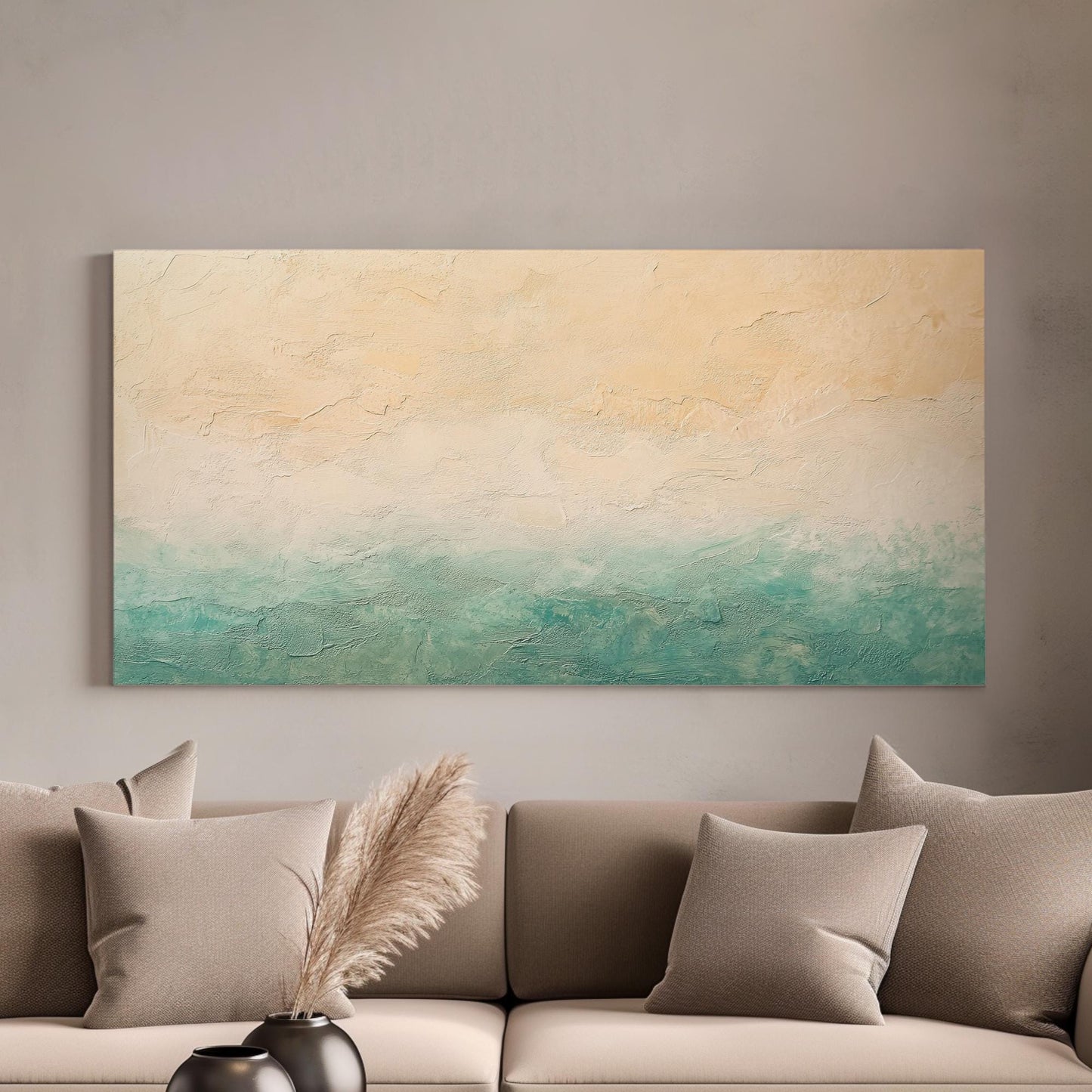 Textural Seascape Canvas Art | Impasto Palette Knife Print | Coastal Bohemian Wall Art For Living Room Horizontal Art