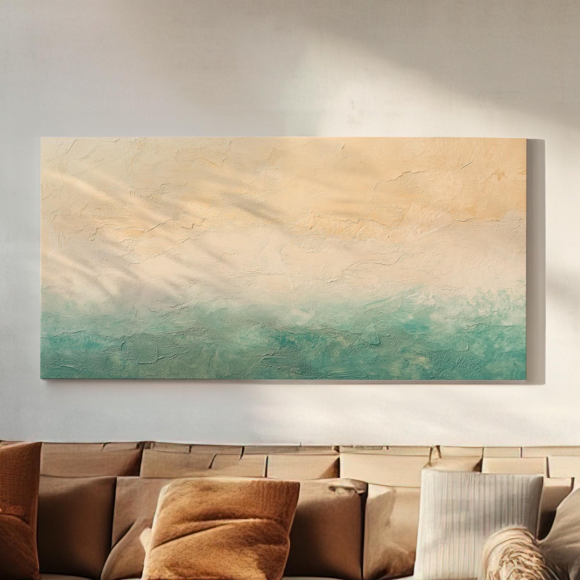 Textural Seascape Canvas Art | Impasto Palette Knife Print | Coastal Bohemian Wall Art For Living Room Horizontal Art