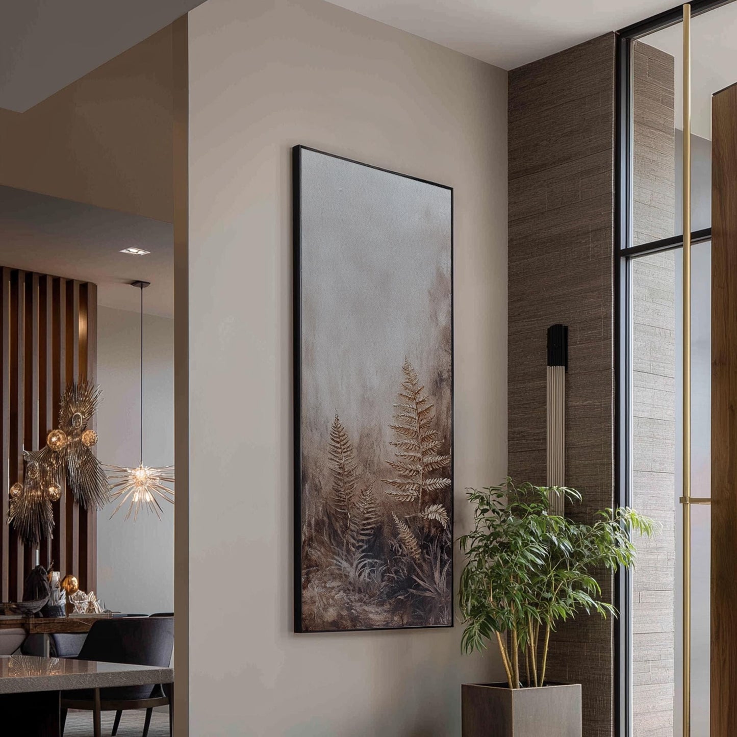 Textural Fern Canvas Art | Impasto Print | Biophilic Wall Art For Living Room | Taupe Greige Art | Tranquil Spa Decor Long Vertical Art