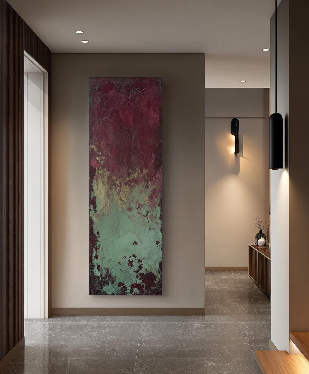 Textural Abstract Canvas Art | Impasto Print | Bohemian Wall Art For Living Room | Sage and Merlot Art | Eclectic Decor Long Vertical Art
