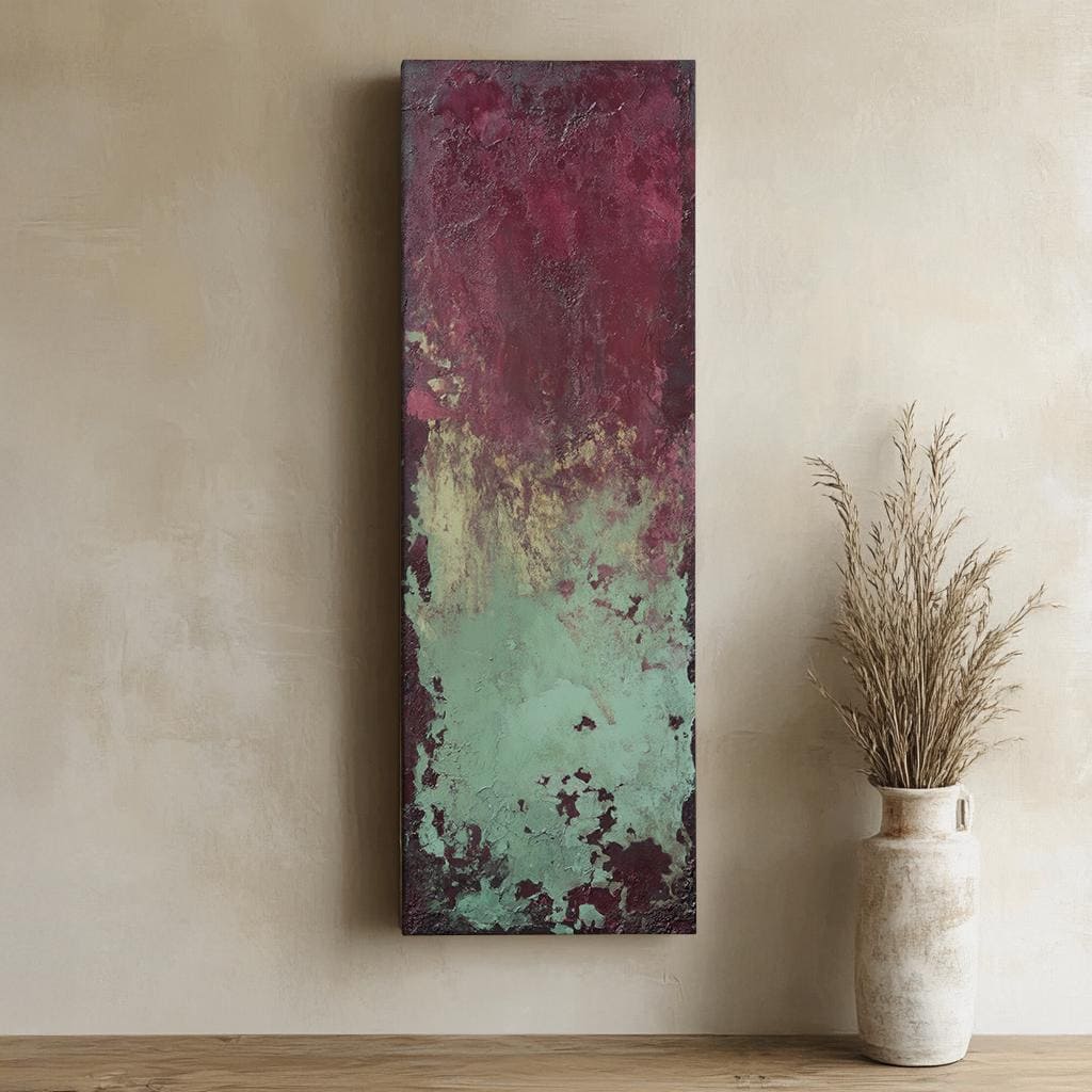 Textural Abstract Canvas Art | Impasto Print | Bohemian Wall Art For Living Room | Sage and Merlot Art | Eclectic Decor Long Vertical Art