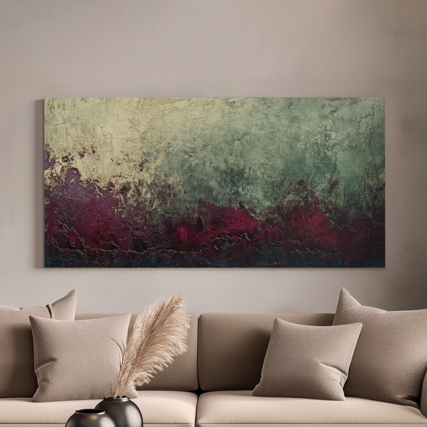 Textural Abstract Canvas Art | Impasto Print | Bohemian Wall Art For Living Room | Amethyst Olive Art | Eclectic Decor Horizontal Art