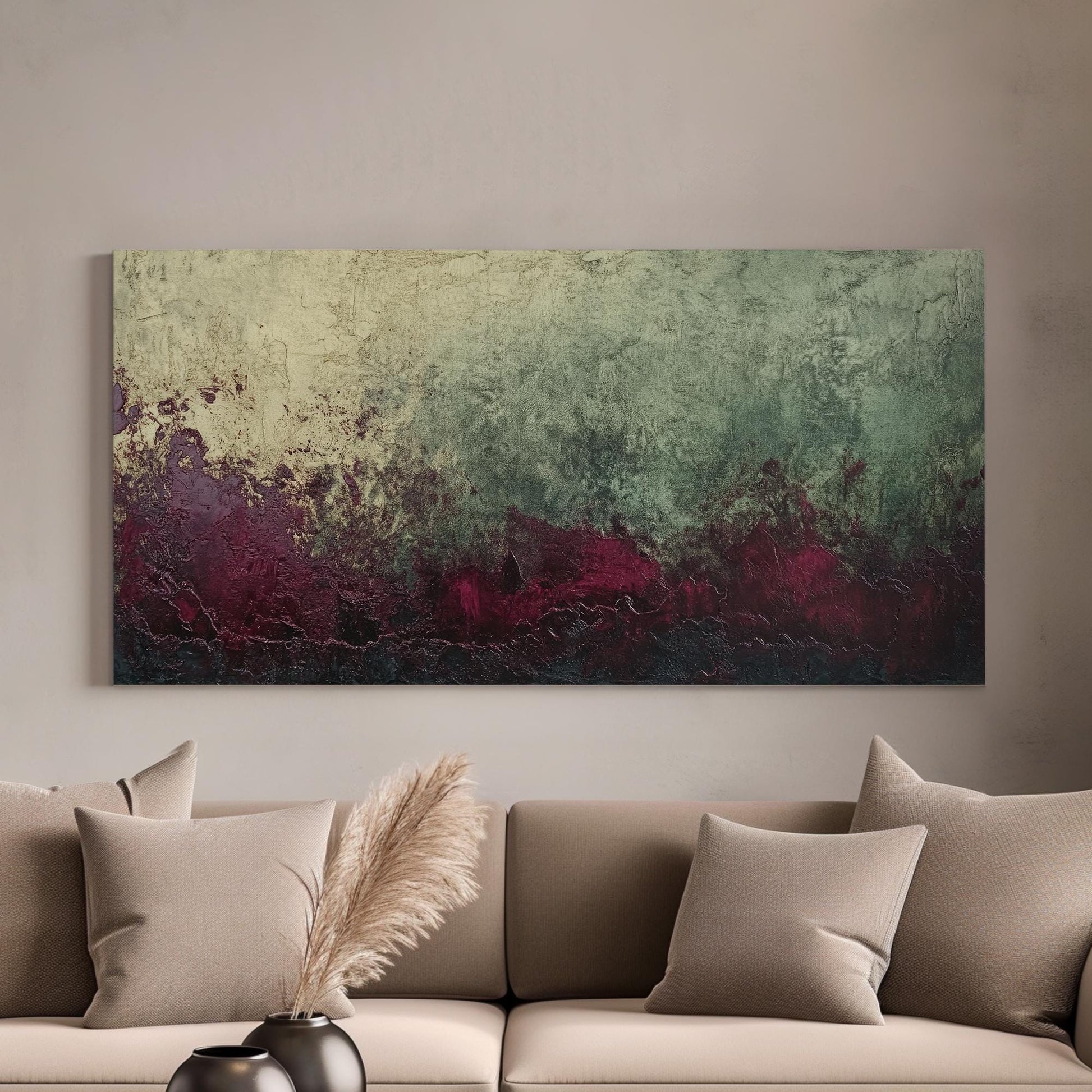 Textural Abstract Canvas Art | Impasto Print | Bohemian Wall Art For Living Room | Amethyst Olive Art | Eclectic Decor Horizontal Art